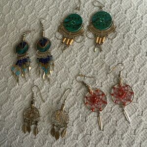 Artisan Dreamcatcher Earrings Set in Green, Blue, and Red